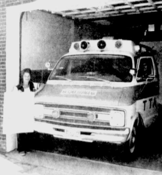 Twin Township Ambulance's first rig, a 1977 Dodge, with volunteer Elaine Walsh in 1978